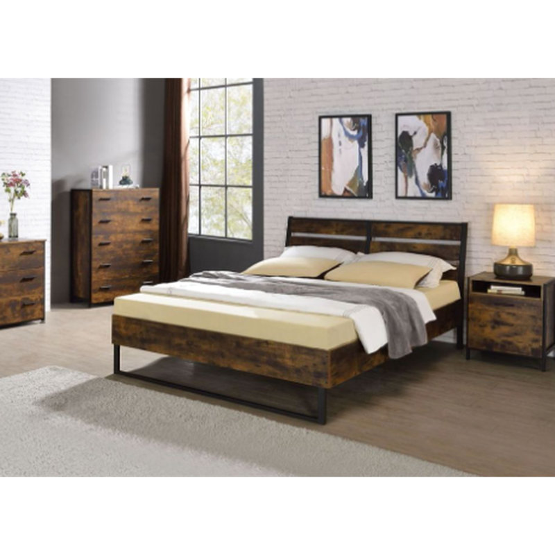 Très grand lit de style moderne industriel en chêne rustique avec panneaux décoratifs noirs, métal et placage sans sommier avec finition de style