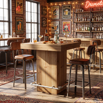 Table carrée 31,5 "à hauteur de bar en bois, table de bar à piédestal industriel avec repose-pieds en métal