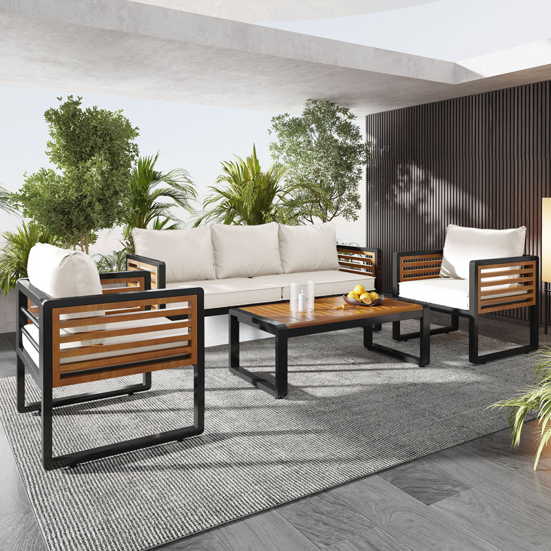 Large Size 4-Pieces Outdoor Furniture Sofa For 5 Person Conversation Set, Garden Sofa Set With Removable Cushion, Metal And Wood Frame Sofa Set, Thick Cushions, Acacia Wood Tabletop