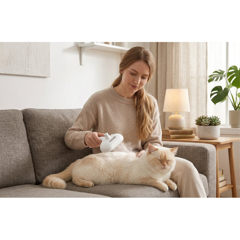 Brosse à vapeur auto-nettoyante 3-en-1 pour la perte de poils, peigne anti-statique pour enlever la vapeur du chat avec bouton de dégagement, outil de toilettage pour les animaux à poils longs et courts, blanc