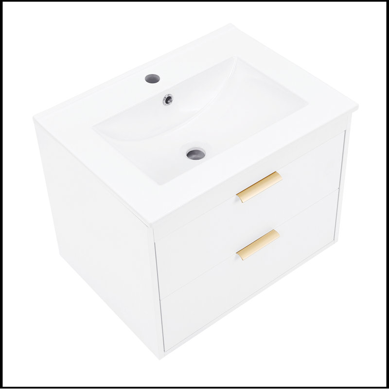 24" floating wall mounted bathroom vanity with white ceramic sink and drawer storage, White