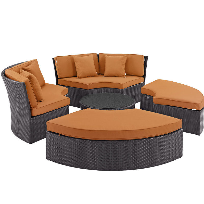 Ensemble de conversation modulaire en rotin avec coussins 5 pièces Zehra, Orange
