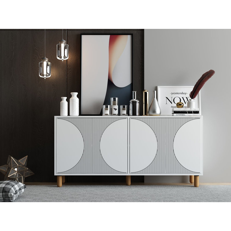 Console moderne blanche de 59,1 po x 28,7 po x 14,2 po | 100% panneau de particules enduit de mélamine, épaisseur: 0,7 pouce | Fixation murale avec nombreuses tablettes | Conception géométrique épurée pour les espaces contemporains