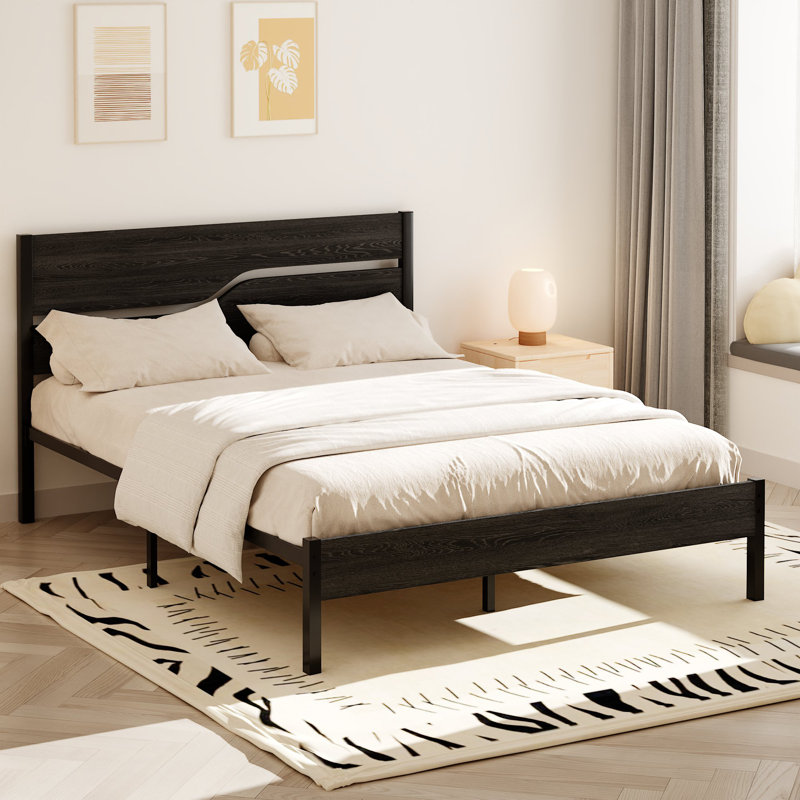 Kempst Queen Bed Frame with Wood Headboard and Footboard, Farmhouse Industrial Black Platform Bed with Under-Bed Storage, Mattress Foundation with Heavy Duty Slats Support, No Box Spring Needed, Noise Free, Easy Assembly