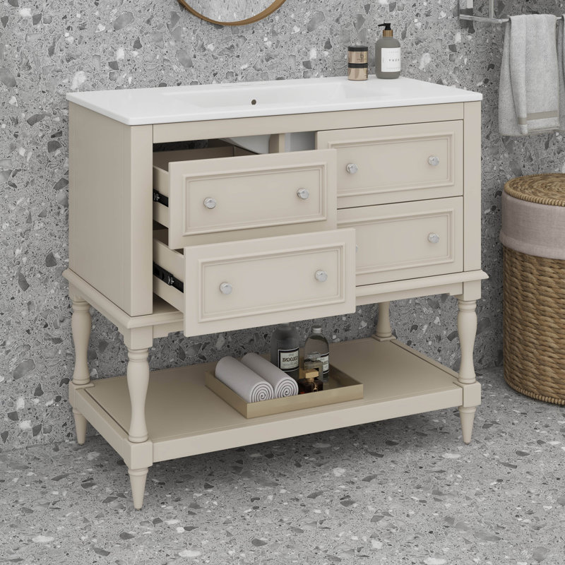 Meuble-lavabo 36 po avec lavabo simple, 4 tiroirs et tablette ouverte 36 po, Beige
