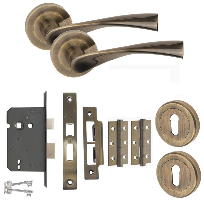 Astrid Handles Set in Antique Brass Finish with Hinges and Mortise Lock