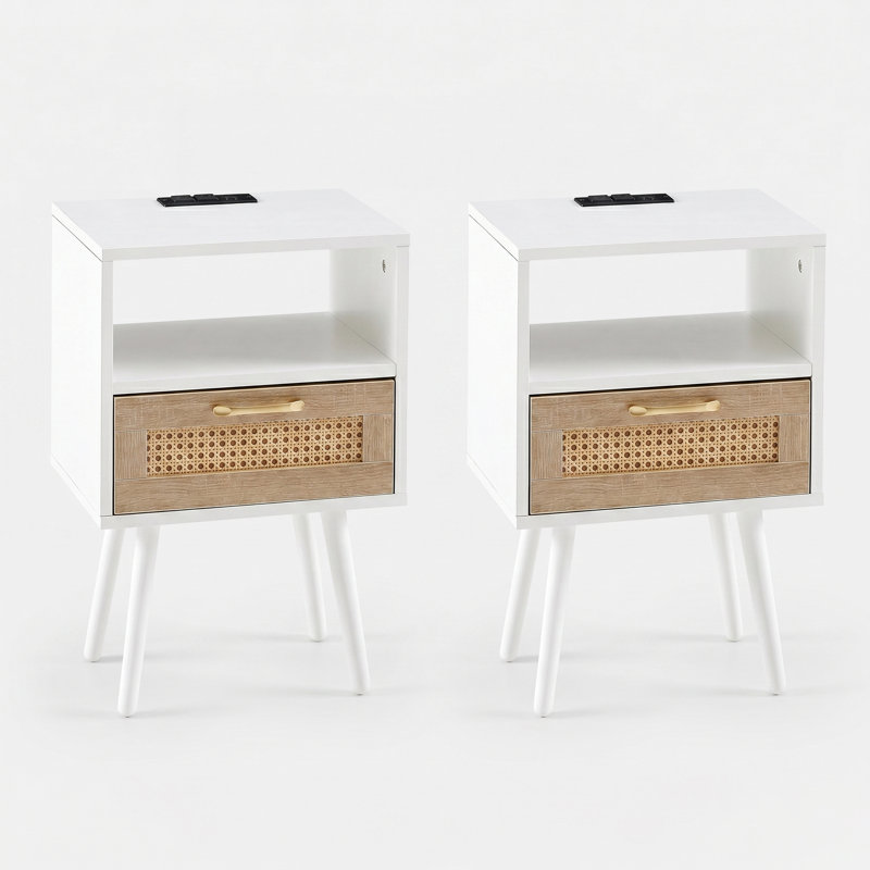 Table de bout en rotin 15 pouces avec ports USB et prise de courant Meshoppen (ensemble de 2), White