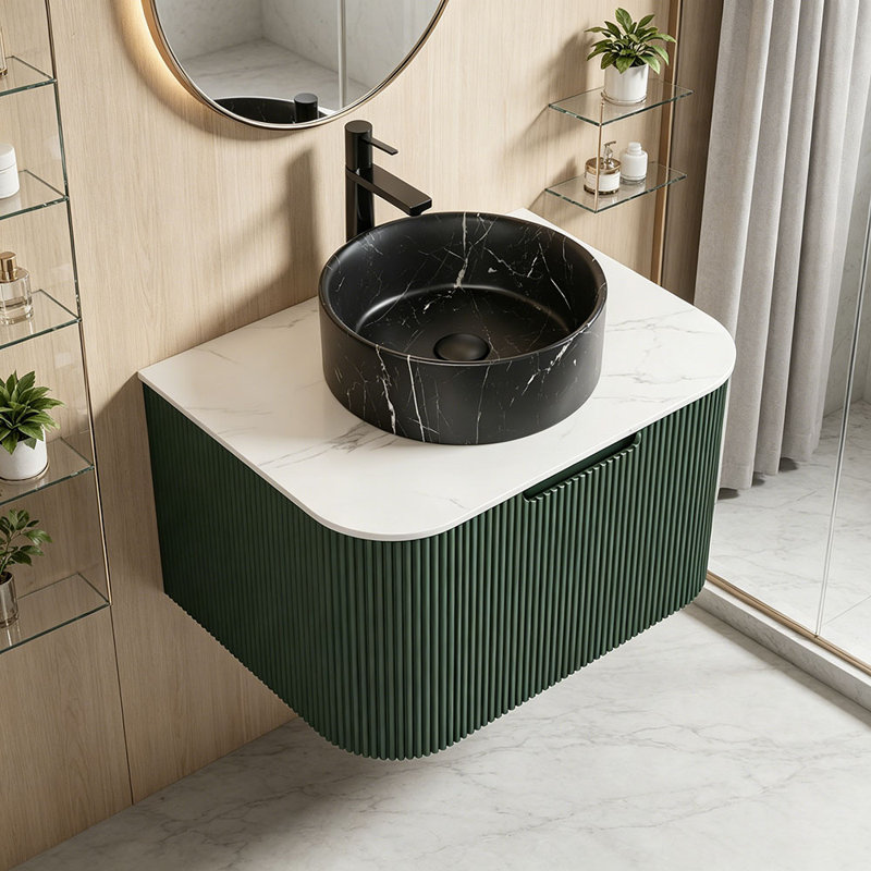 Meuble-lavabo 24 po, armoire de salle de bain en contreplaqué rayé à bords arrondis avec tiroir, lavabo rond en céramique noir mat et plateau en pierre frittée, pré-assemblé