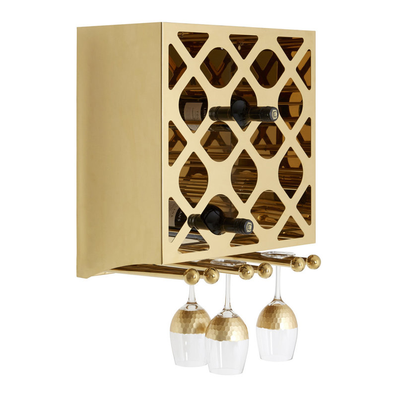 Betances 12 Bottle Wall Mounted Wine Bottle & Glass Rack in Gold