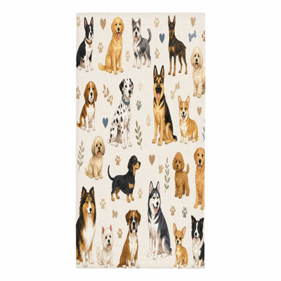 1Pcs Cute Dog Pattern Beach Towel, featuring a variety of breeds in charming watercolor illustration. Large microfiber, perfect for, swimming, travel, and outdoor activities, unisex.