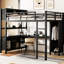 Lit mezzanine double en métal noir avec rangement et garde-robe, bureau pour ados pour adultes, taille, noir, en forme de L