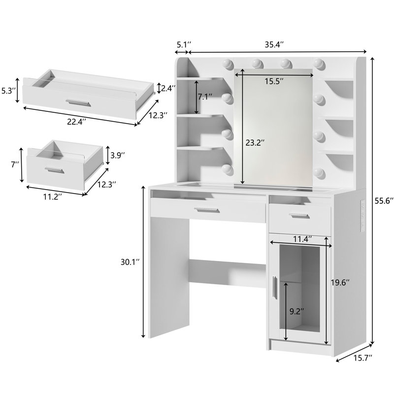 Bureau de maquillage avec lumières, bureau transparent, prise de courant, Blanc