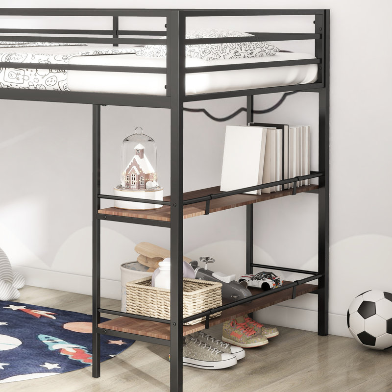 Lit mezzanine simple peu encombrant - structure en métal avec tablette en bois, garde-corps, bruit, pas de sommier tapissier nécessaire pour la chambre à coucher