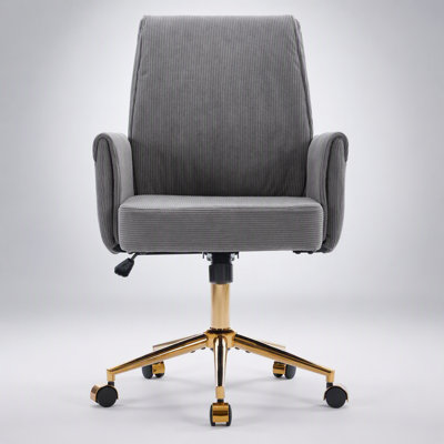 Fauteuil de bureau ergonomique à dossier mi-haut et rehausseur, revêtu de tissu rayé gris, pour un confort optimal au travail et pendant les études.