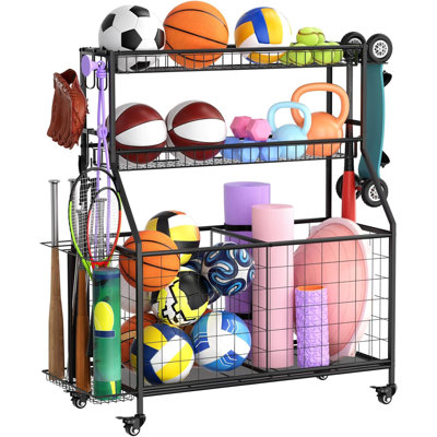 Sports Equipment Garage Organizer - Heavy Duty Garage Organization Ball Storage Rack with Basket