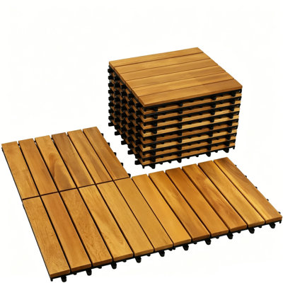 Tool-Free Acacia Wood Deck Tiles 9 Pieces, Interlocking Patio Floor Mats, Waterproof All-Weather, For Backyard, Pool Surround, Outdoor Shower Floor