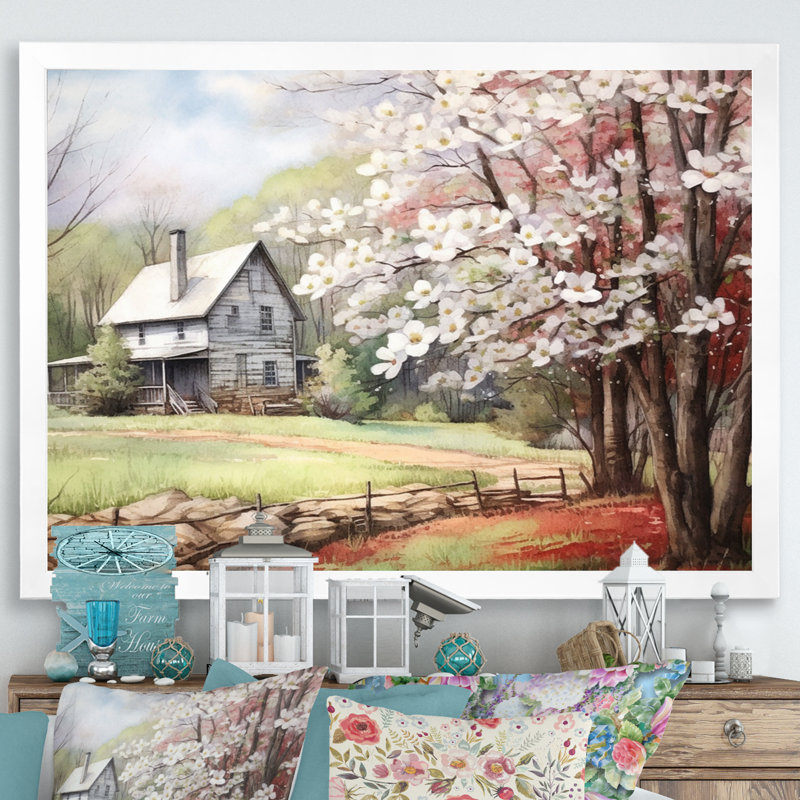 Cornouiller blanc à la ferme III - art mural cornouiller, H 34 po x l 44 po x P 1,5 po, Impression encadrée, Blanc
