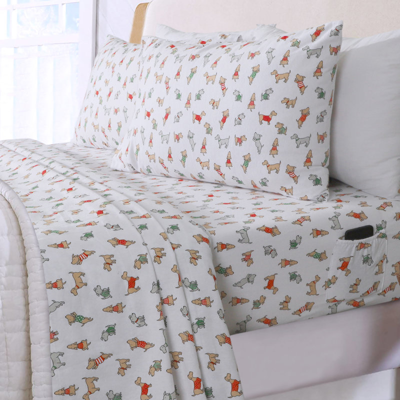 100% Cotton Flannel Sheet Set, Cal.King Sheet Set+Fitted Sheet+2Pillowcases, Winter Dogs