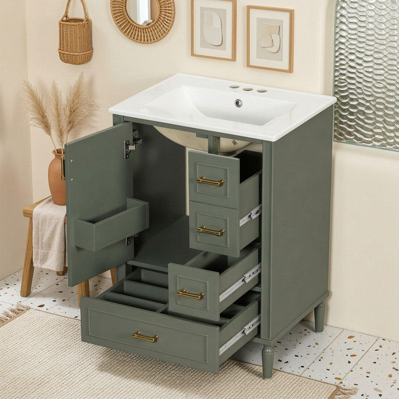 Meuble-lavabo autoportant peu encombrant avec lavabo en céramique, porte à fermeture en douceur et tiroirs de rangement