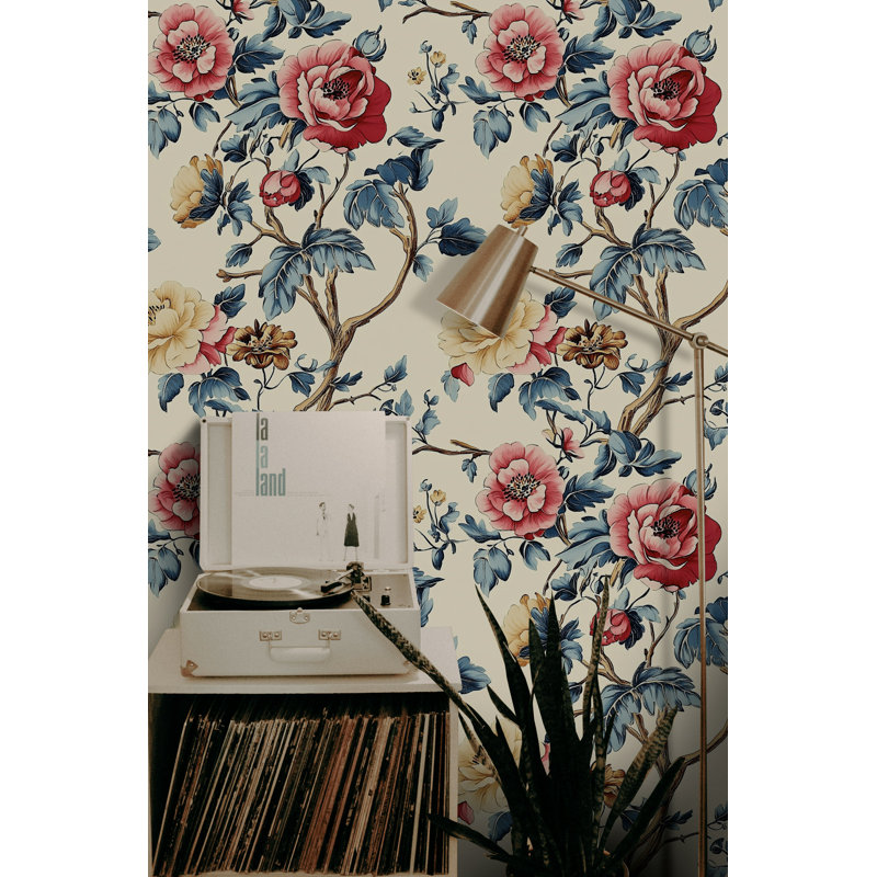 Papier peint à motif de fleurs bleues et rouges à motif de pivoines Jacobean