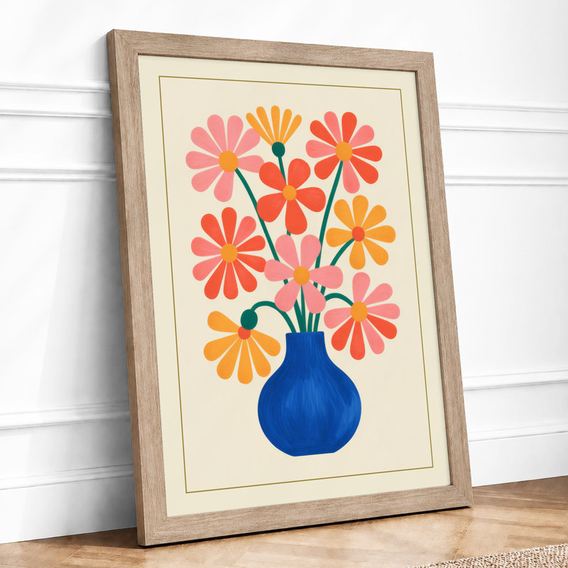 Blooms in Cobalt Mid-Century - Framed Print, A2 - 59.4 x 42.0 cm, Oak