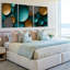 Ensemble exclusif de 3 toiles panoramiques abstraites grand format, aux tons turquoise et or, avec des ovales argentés texturés. Décoration murale idéale pour le salon, la chambre à coucher et le bureau.-2036761167