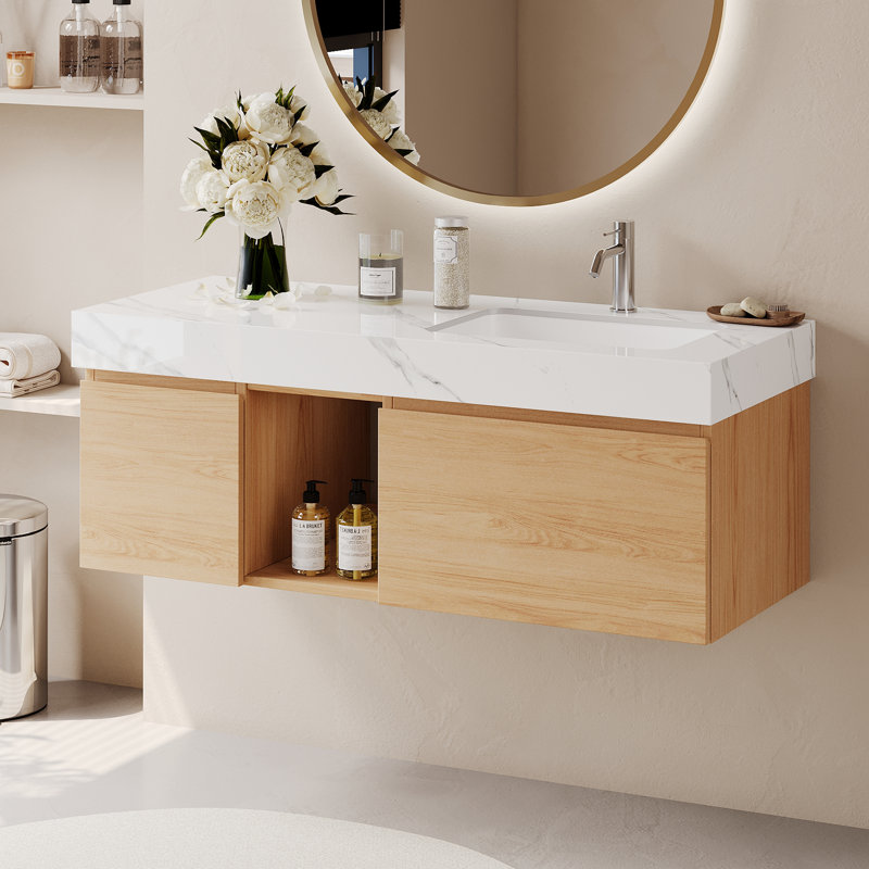 Meuble-lavabo simple 48 po avec plateau blanc Loubertha, bois massif multicouche, deux tiroirs et tablette ouverte