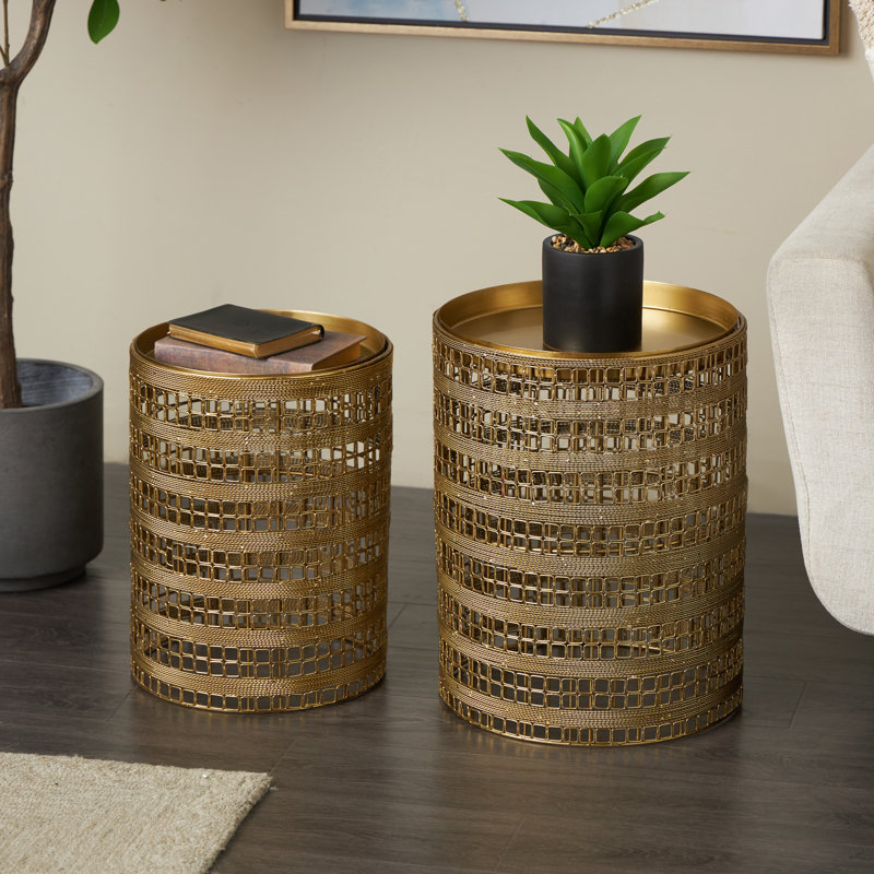 Round Gold Metal End Table Set with Tray Style Top