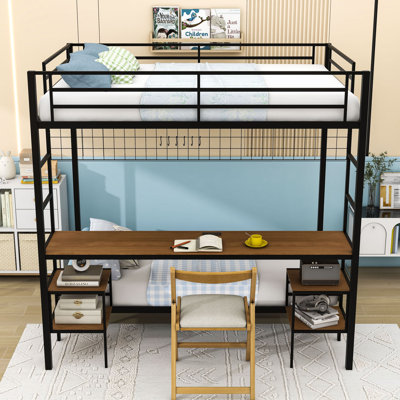 Full Over Twin Metal Bunk Bed With Desk, Charging Station, Shelves, Guardrails And Dual Ladders