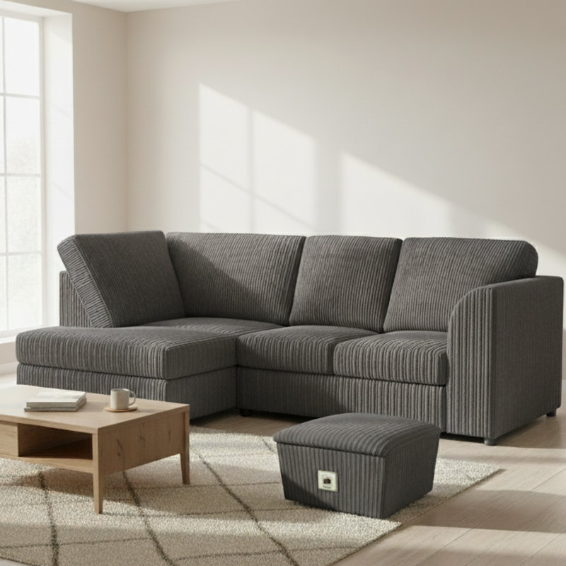 4 Seater Jumbo Cord Corner Sofa High Back Cushion including Foot Stool, Charcoal, Left Hand Facing