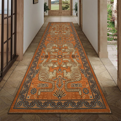 Tapis lavable à la machine à imprimé animal rétro avec envers en caoutchouc pour le salon et la chambre à coucher