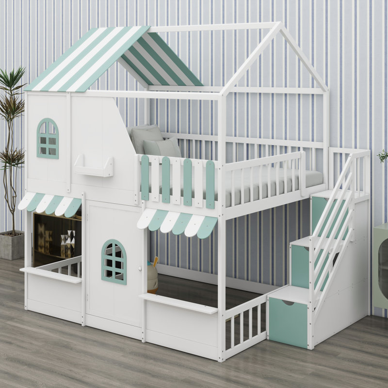 Cadre de lit superposé en bois sur le thème de la maison avec toit, porte et marches de rangement, White+Mint Green