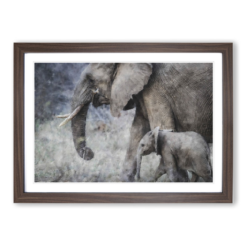 Mother and Baby Elephant Vol.1 - Picture Frame Painting, Walnut Framed, 36cm H x 48cm W x 2cm D