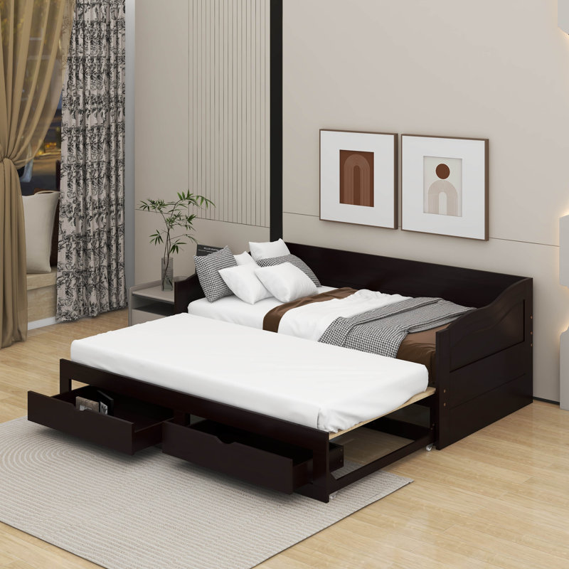 Lit de jour simple en bois avec couchette et tiroirs de rangement, Espresso