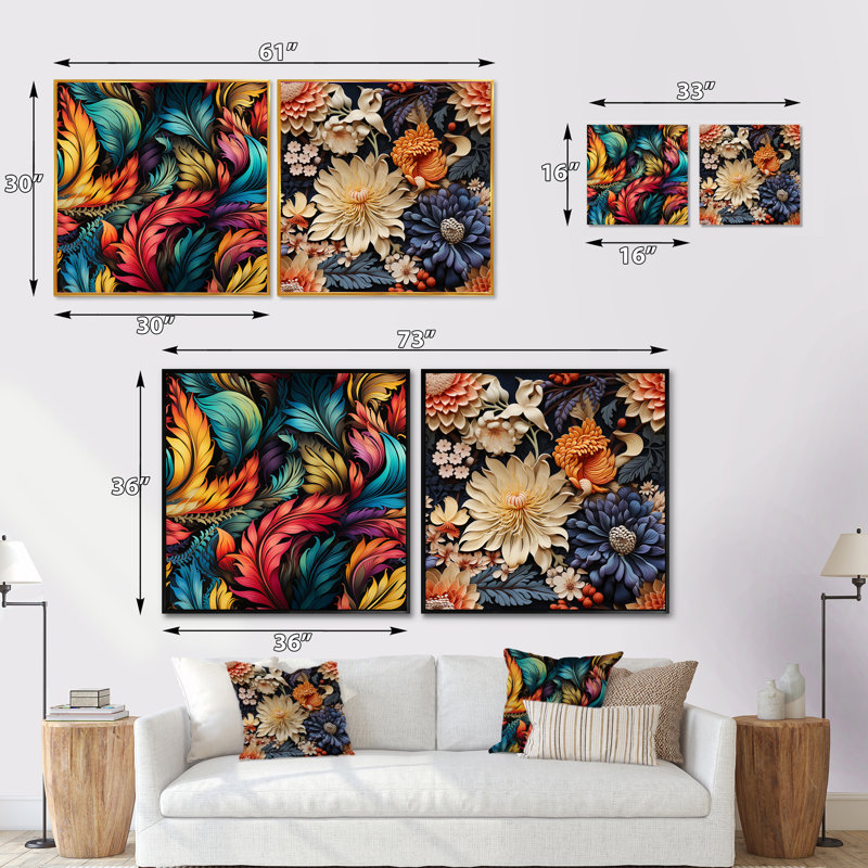Courvevoie - Ensemble de 2 collages carrés botaniques abstraits, Toile tendue, H 30 po x l 61 po