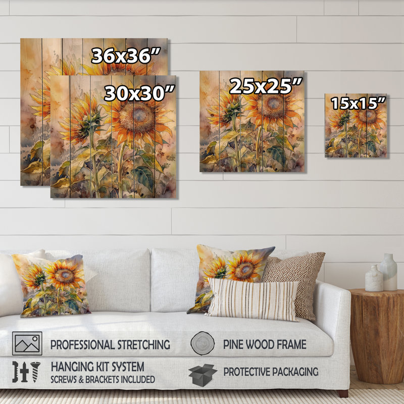 Jaune tournesol symphonie III - imprimé floral de tournesol sur bois de pin naturel, H 15 po x l 15 po x P 0,78 po