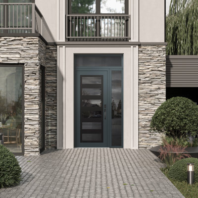 C9 Left-Hand 48 In. X 96 In. Panel Black Steel Anthracite And Anthracite Mirrored Glass With Sidelite And Transom Mirrored Glass Prehung Front Entry Door