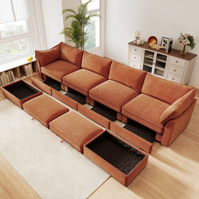 Chenille orange à 4 places en forme de U avec 2 repose-pieds, tiroir de rangement modulaire surdimensionné sous chaque siège, conception intégrée et coussins d'accoudoirs, tissu en forme de croissant Clean Line, doux