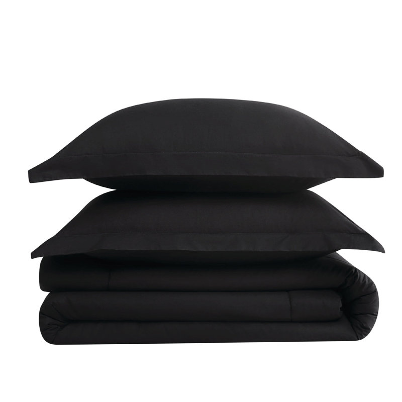 Ensemble d'édredon en percale de coton unie Brooklyn Loom, Double/Grand et 2 taies décoratives standard, Noir