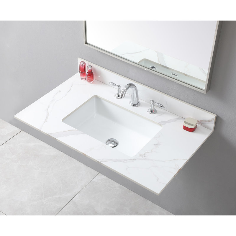 Comptoir de meuble-lavabo 37 po, pierre frittée dorée, lavabo rectangulaire en céramique, 3 trous de robinet, avec dosseret inclus
