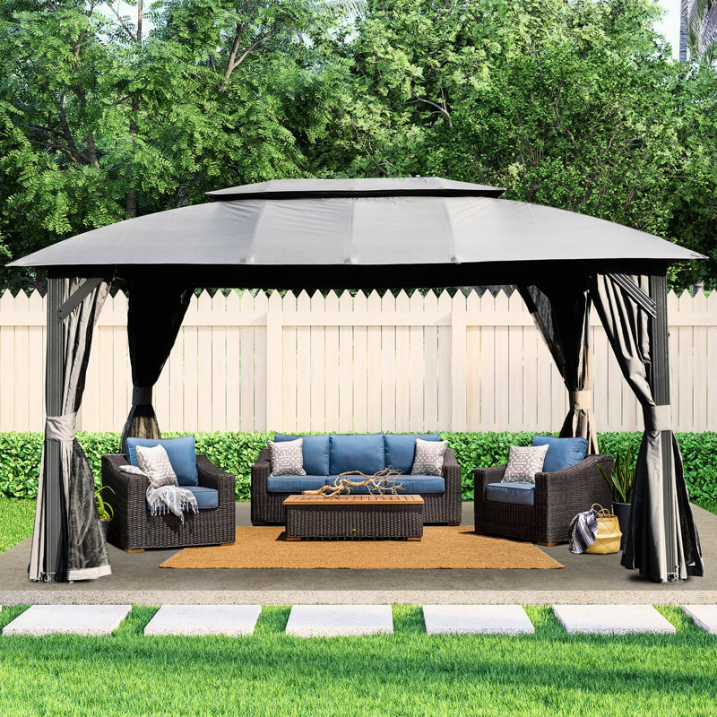 Pavillon de jardin gris 10 pi x 14 pi Tente d'extérieur avec double toit et rideaux d'intimité. Tissu. Cadre en métal pour patio, cour, terrasse, pelouse 10 x 14 pi - gris. Toits améliorés. . Structure en acier. Pour terrasse