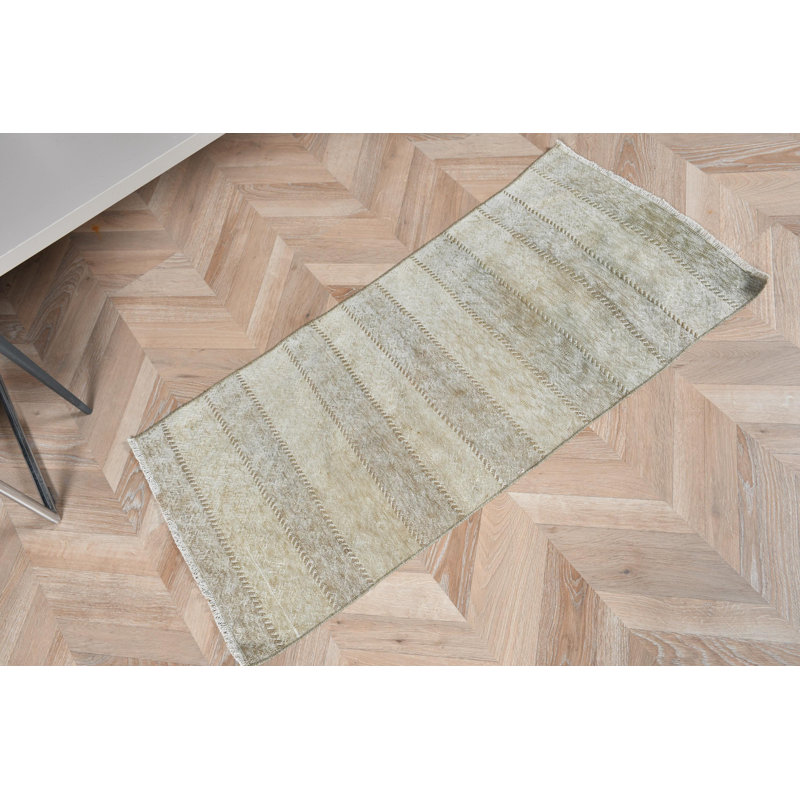 Small Vintage Turkish Kilim Boasting Striped Oushak Design Ideal for Entryways and Bathrooms Featuring Boho Chic Aesthetics in Green Color