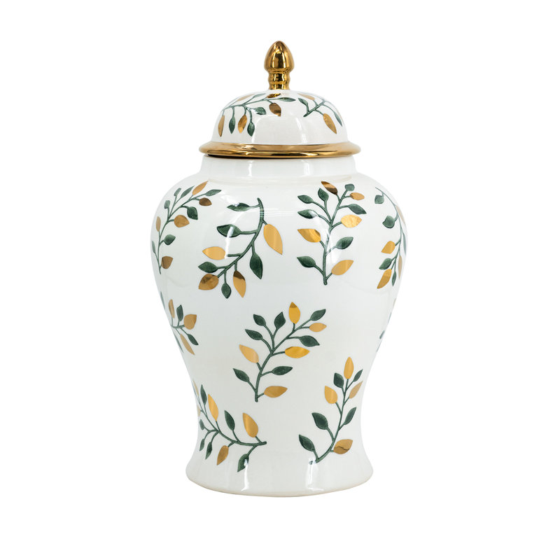 Ginger Jar - Green/Gold/White, 19.1" H x 11.2" W x 11.2" D