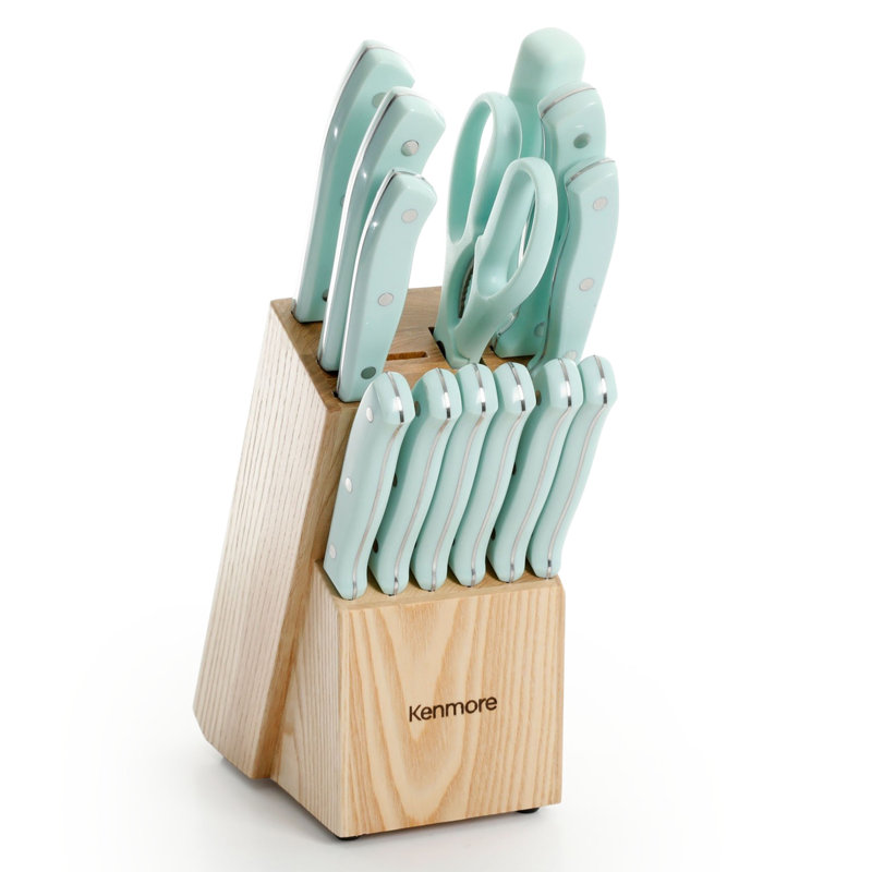 Kenmore Kane 14-Piece Glacier Blue Stainless Steel Cutlery Set with Rubber Wood Block