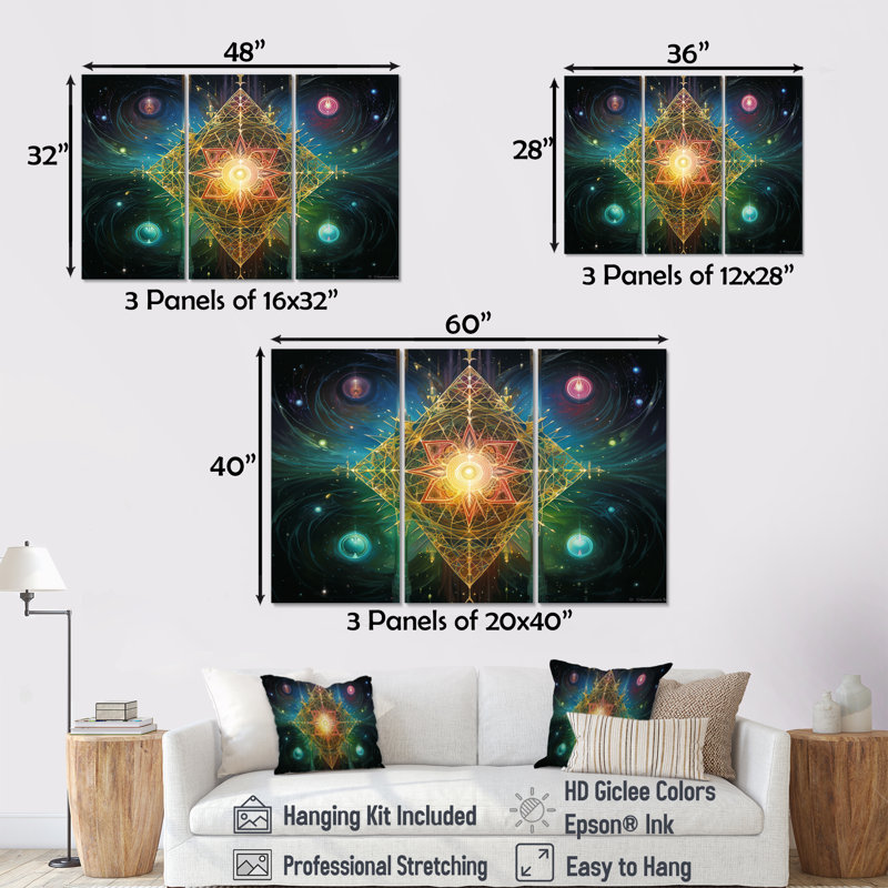 Ensemble d'art mural Galactic Sacred Star - Boho Mandala, Toile tendue, H 32 po x l 48 po x P 1 po