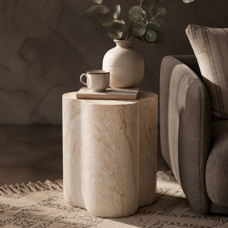 Table d'appoint d'extérieur / d'intérieur Organic Look Travertine MGO, hauteur 18,11 po résistante aux intempéries pour patio, salon et chambre à coucher