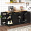 Table de salle à manger extensible et buffet de rangement multifonctionnel pour les espaces de cuisine, noir, flexible dans l'armoire de gauche, base Kickboard avec plateau noir à 3 niveaux, tablettes réglables