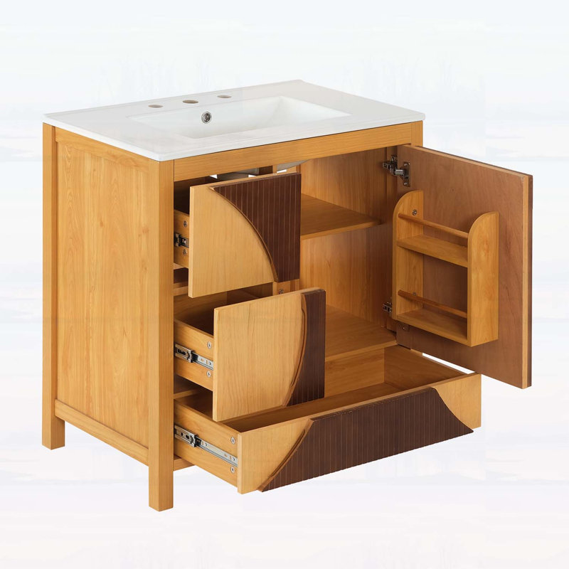 Freestanding Artistic Wood Bathroom Cabinet with Sink,Two-Tone Fluted Panel Design