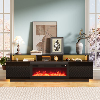 Modern Black 78.5" TV Stand For TVs 75"-90" With Electric Fireplace And 2-Door With RGB LED Lights