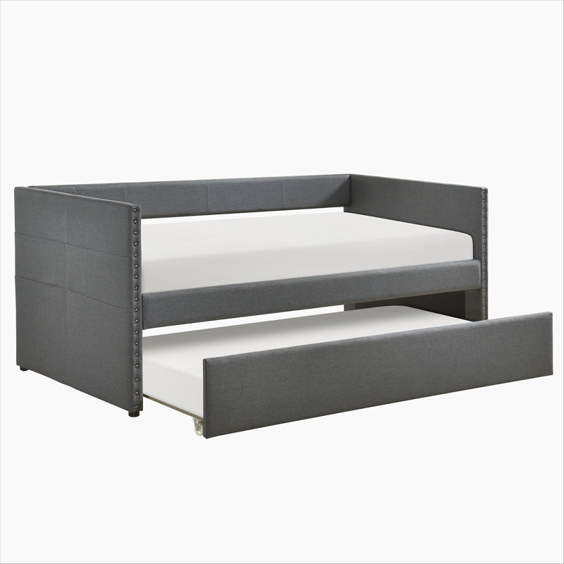 Modern Daybed Pull-out Trundle Side Pockets Dark Gray Upholstery Nailhead Trim Bedroom Living Room Furniture 1pc, Dark Gray